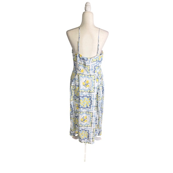 LOFT Blue & Yellow Linen Blend Tile Print Midi Dress – 45" Length - Picture 2 of 8